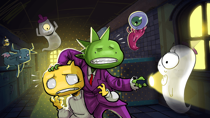 A whimsical 2D illustration of diverse cartoon monsters and ghosts in a dimly lit, tiled room, featuring a green creature in a purple suit holding a flashlight.