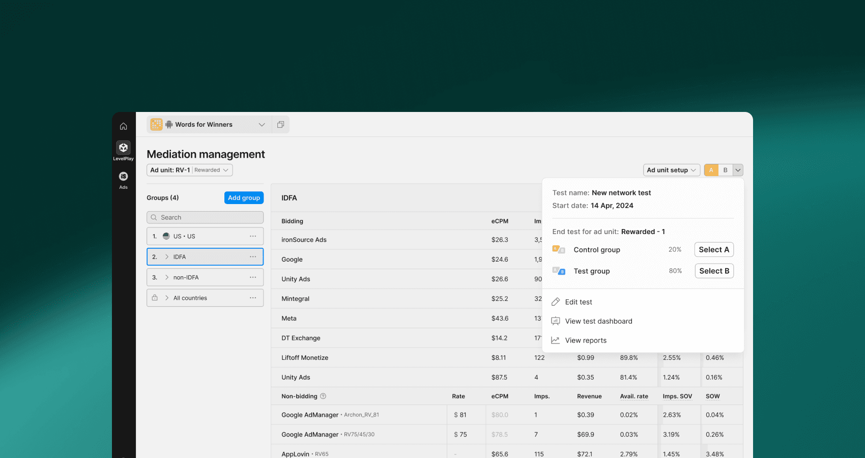 A/B testing in platform