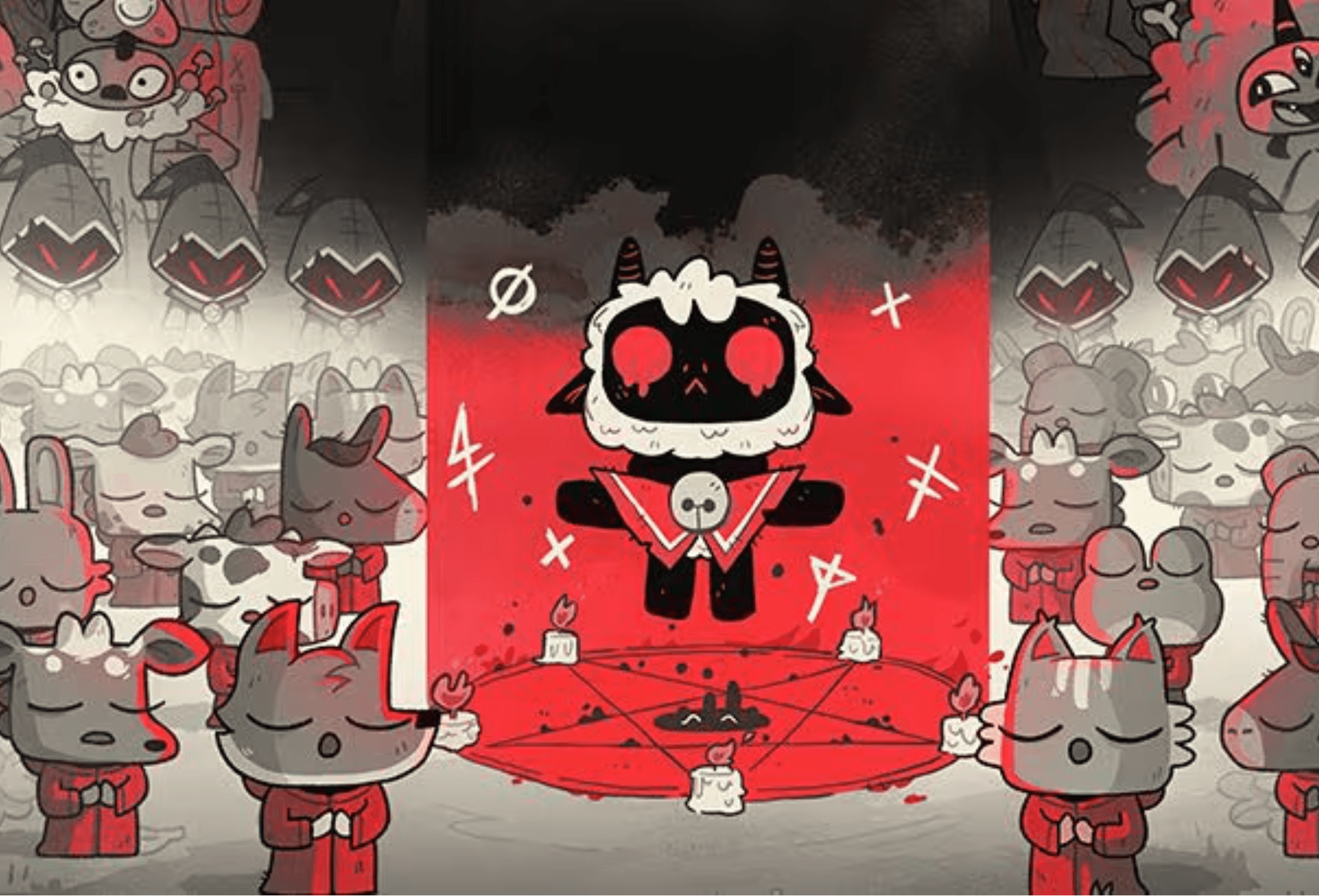 Stylized 2D illustration of a black sheep character performing a ritual, surrounded by a crowd of animal followers in red robes.