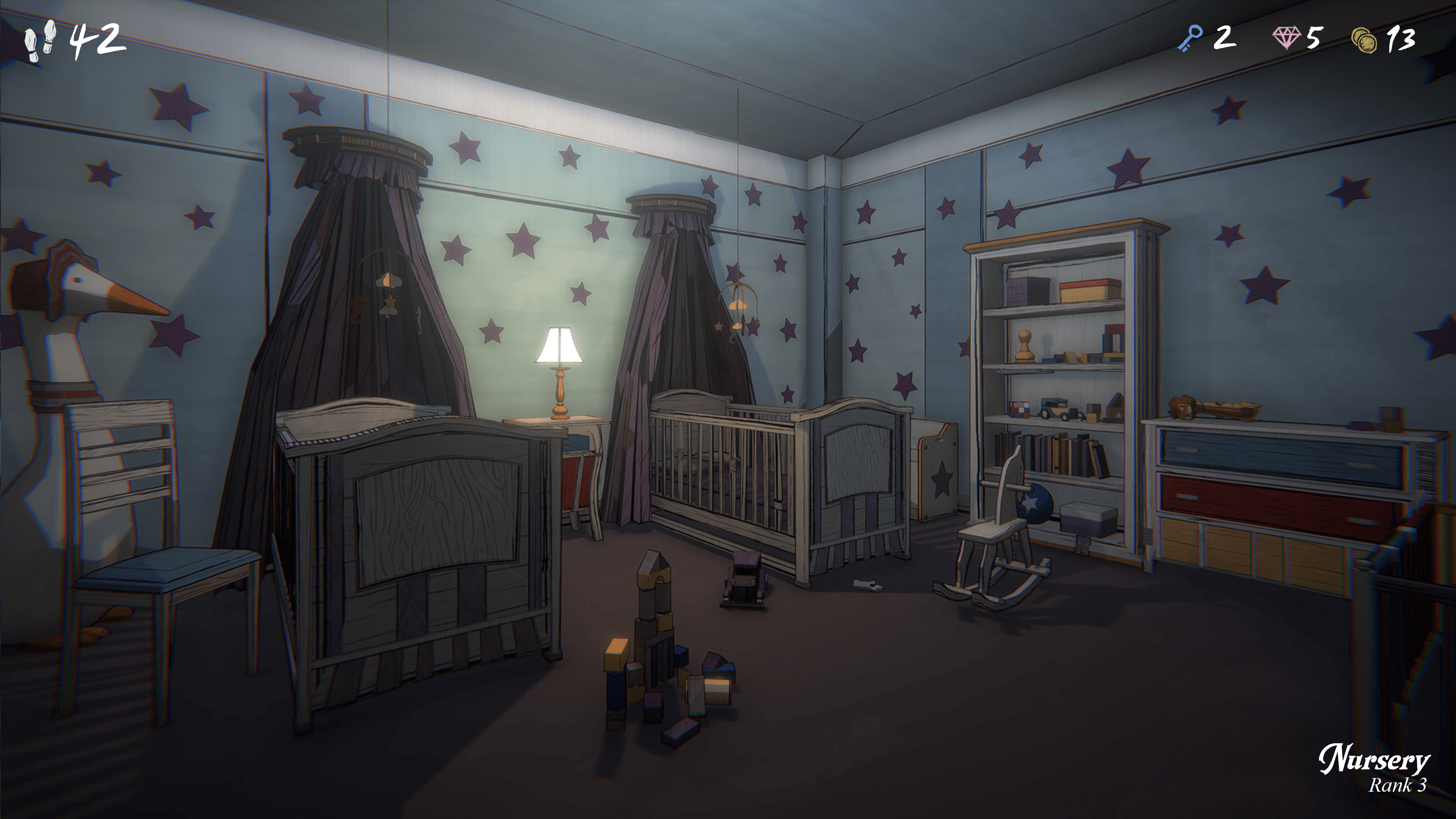 In-game screenshot from Blue Prince, Made with Unity. A dimly-lit nursery with blue, starred wallpaper. On the left side is a large ducks stuffed animal and a chair. Next are the two cribs, with a lamp and nightstand in-between. To the right is a white bookshelf and a chest of drawers. Toys are scattered on the floor.
