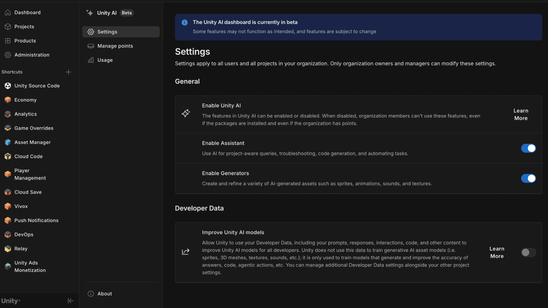 Data settings in the Unity Dashboard