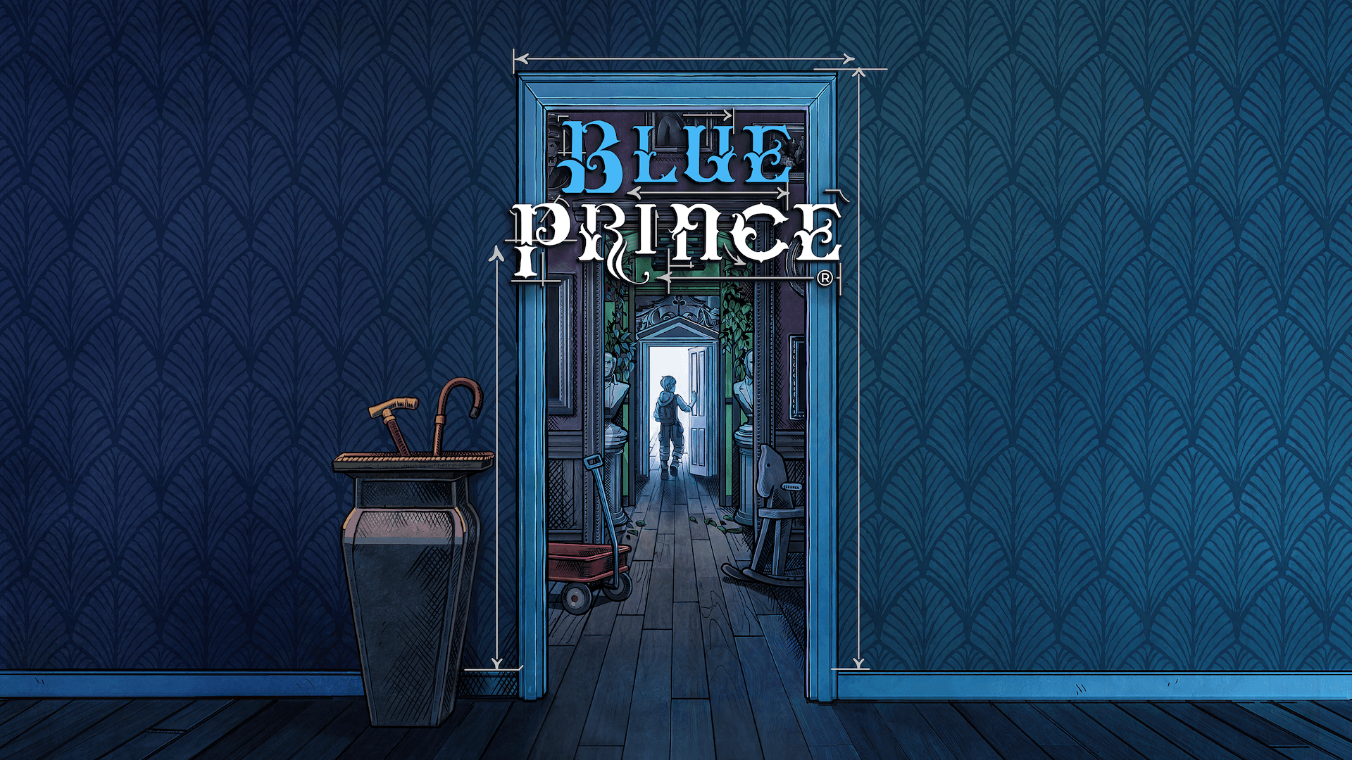 Blue Prince key art: A blue door in a blue hallway. To the left of the door is an urn containing two walking sticks. The doorway looks into a series of rooms nested within one another. A figure opens a door at the end of the last room.