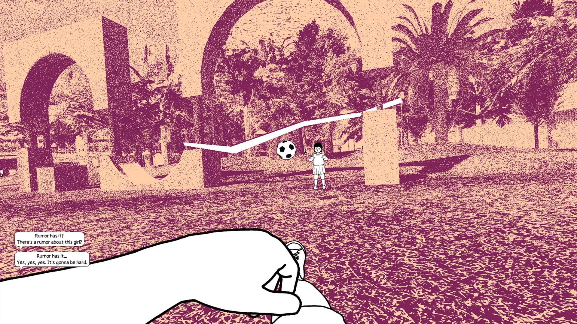 Screenshot from despelote by Julián Cordero and Sebastián Valbuena. First person view from the perspective of a child illustrated in black and white, kicking a ball towards another child. Off-camera, two people are talking, indicated by speech bubbles that read, "Rumor has it? There's a rumor about this girl?" "Rumor has it... Yes, yes, yes. It's gonna be hard."