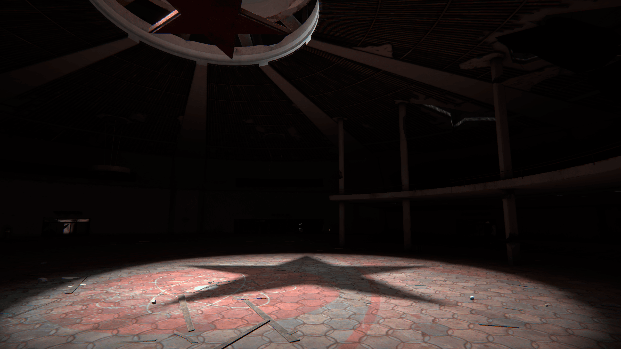 Screenshot from NODE: The Last Favor of the Antarii by Lapsus Games | Made with Unity. A 3D environment mostly in shadow. On a red tiled floor, the shadow of a star is superimposed by a structure on the ceiling.