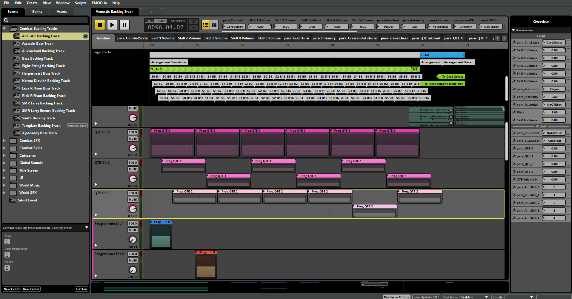 Screenshot of the FMOD for Unity UI showing FMOD markers for the Acoustic combat music (with marker lines removed)