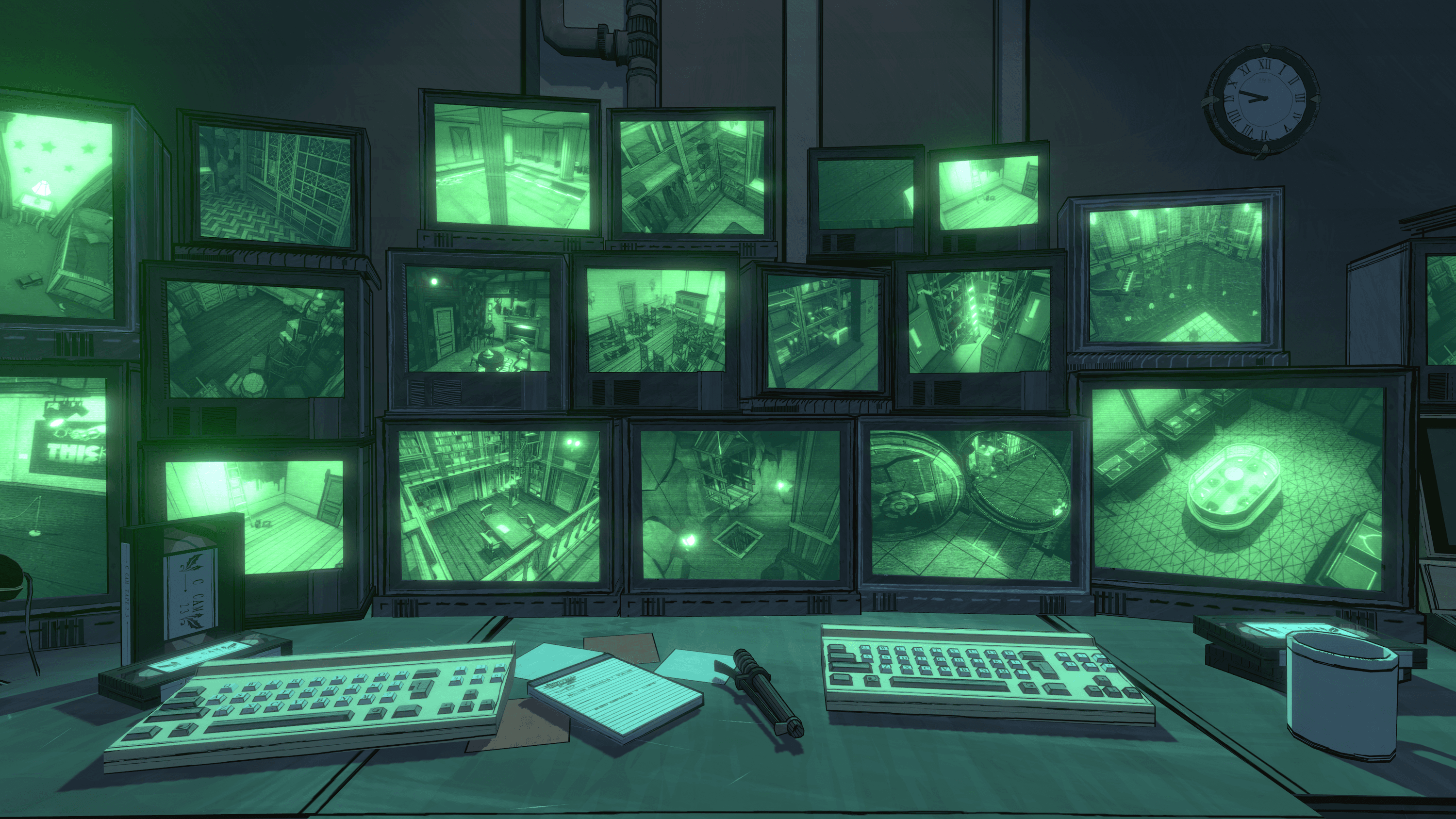 In-game screenshot of the security room in Blue Prince. A series of stacked-together television screens showing different room interiors in a night-vision green. In front of the screens are two control panels, a notepad, and a mug.