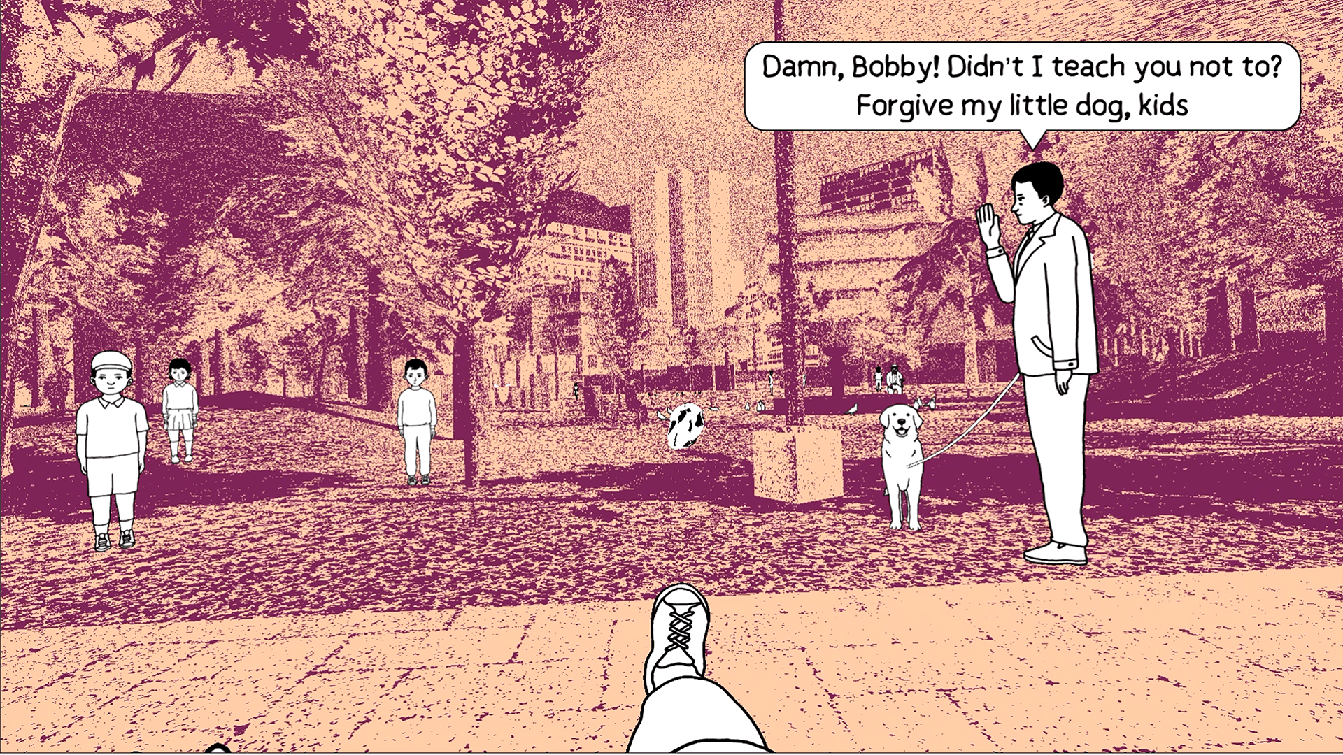 Screenshot from despelote by Julián Cordero and Sebastián Valbuena. Made with Unity. A leg in the center of the screen kicks a ball past a lamp post. To the left, three kids at various distances stare in your direction. To the right, a man scolds his dog: "Damn, Bobby! Didn't I teach you not to? Forgive my little dog, kids."